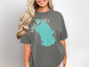 Dark grey t-shirt with turquoise Lake George, Florida map graphic and compass.