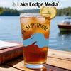 Glass of iced tea with Lake Superior map graphic and lemon slice.