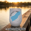 White travel tumbler featuring a blue lake silhouette and compass design with text reading Convict Lake California.