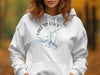 White hoodie with a blue map graphic and text "Lake Sinclair Georgia 8-10 words".