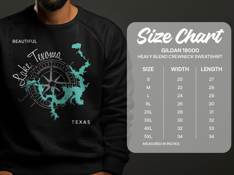 Lake Texoma map design on a black sweatshirt with a Gildan 18000 size chart.