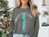 Gray sweatshirt with white text and teal lake graphic, "White Rock Lake Texas"