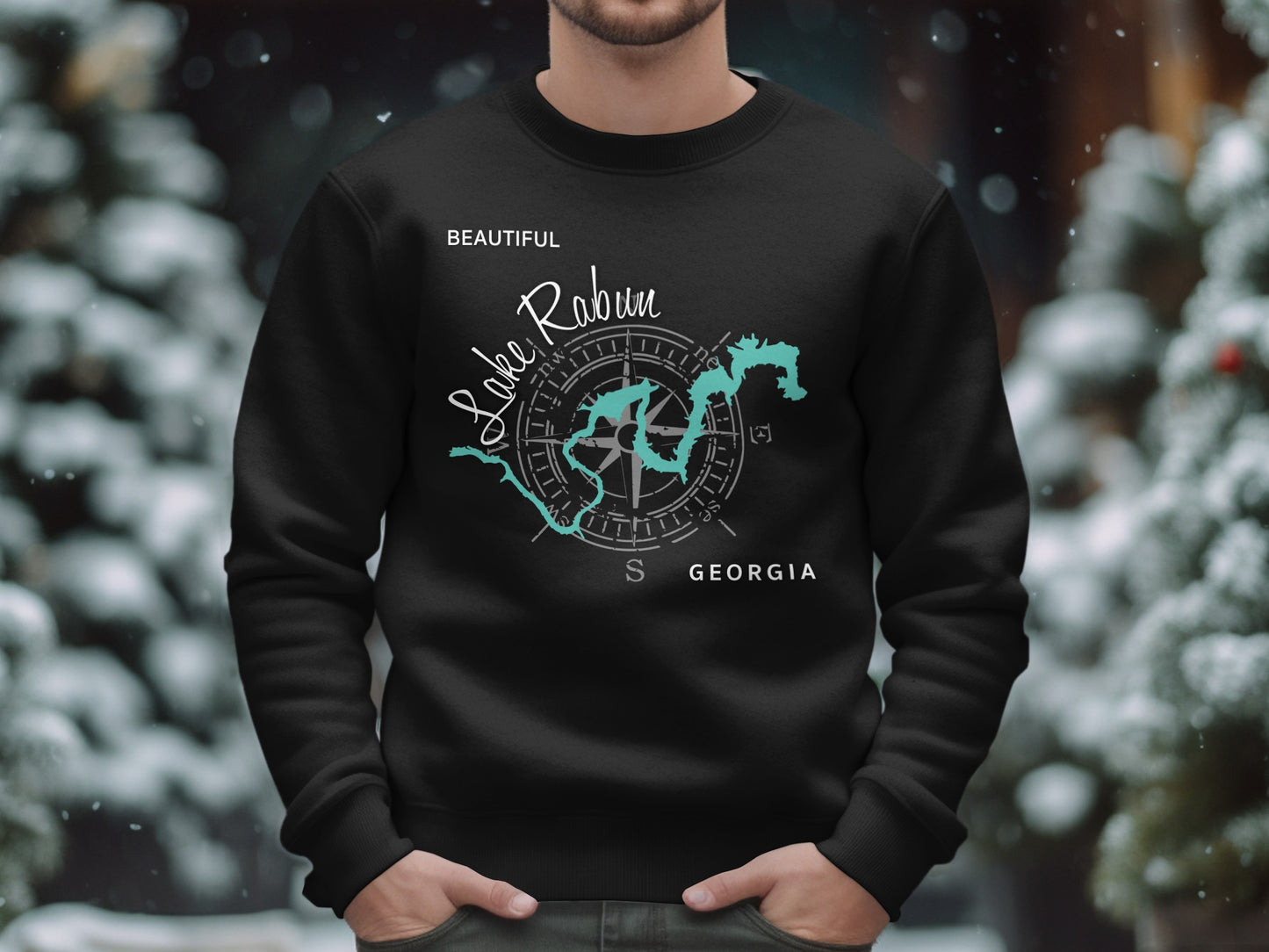 Black sweatshirt with "Lake Rabun Georgia" map design.