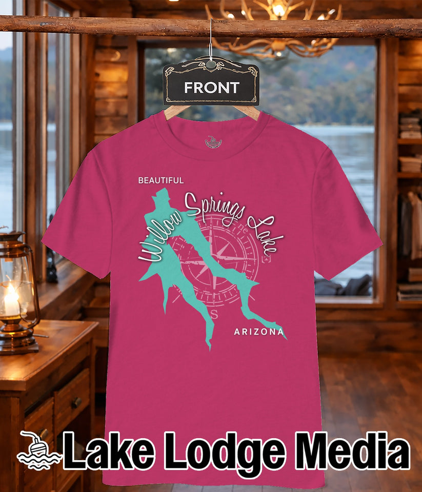 Pink t-shirt with "Willow Springs Lake" and compass design.