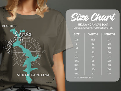 T-shirt size chart for Bella + Canvas 3001 with Lake Lyman graphic.