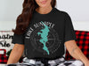 Black t-shirt with teal Lake Sunapee map and compass graphics.