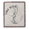 Lake Wylie South Carolina map design on a fringed woven blanket.