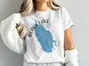 White t-shirt with Black Lake New York map and compass design.