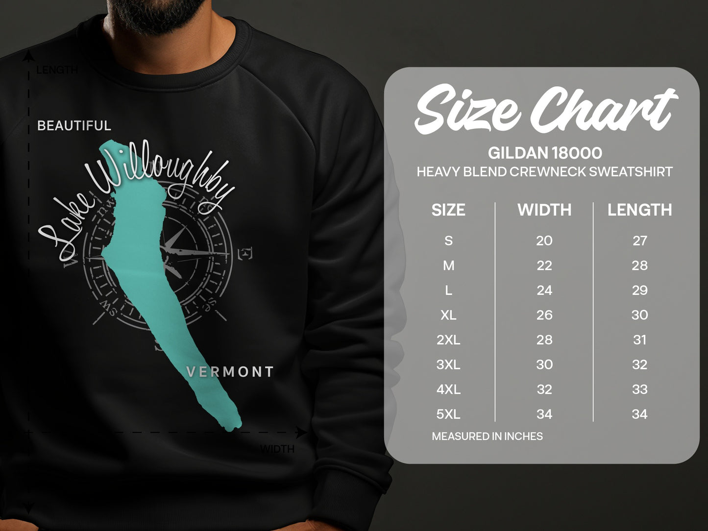 Lake Willoughby Vermont map and Gildan 18000 sweatshirt size chart.