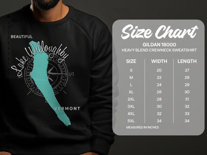 Lake Willoughby Vermont map and Gildan 18000 sweatshirt size chart.