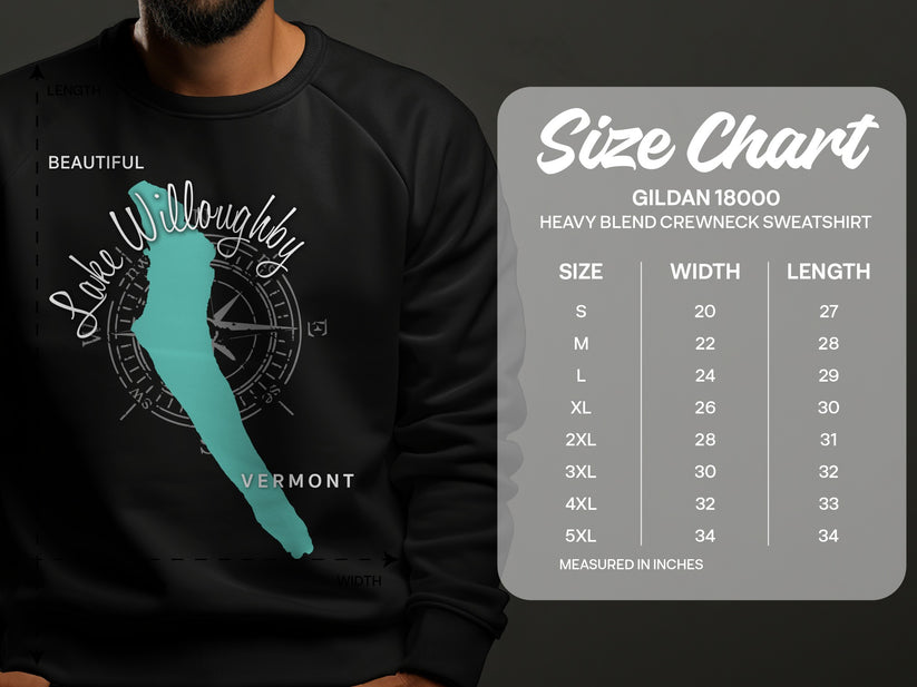 Lake Willoughby Vermont map and Gildan 18000 sweatshirt size chart.
