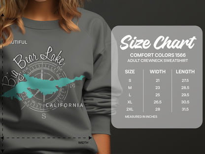Crewneck sweatshirt size chart for Comfort Colors 1566, showing measurements in inches.