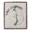 Lake Leelanau Michigan map design woven blanket with compass rose.