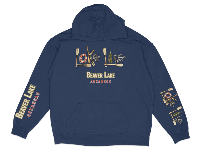 Navy hoodie with Beaver Lake Arkansas graphics on chest and sleeves.
