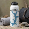 White water bottle with "LURLEEN" text, blue lake graphic, and compass rose design.