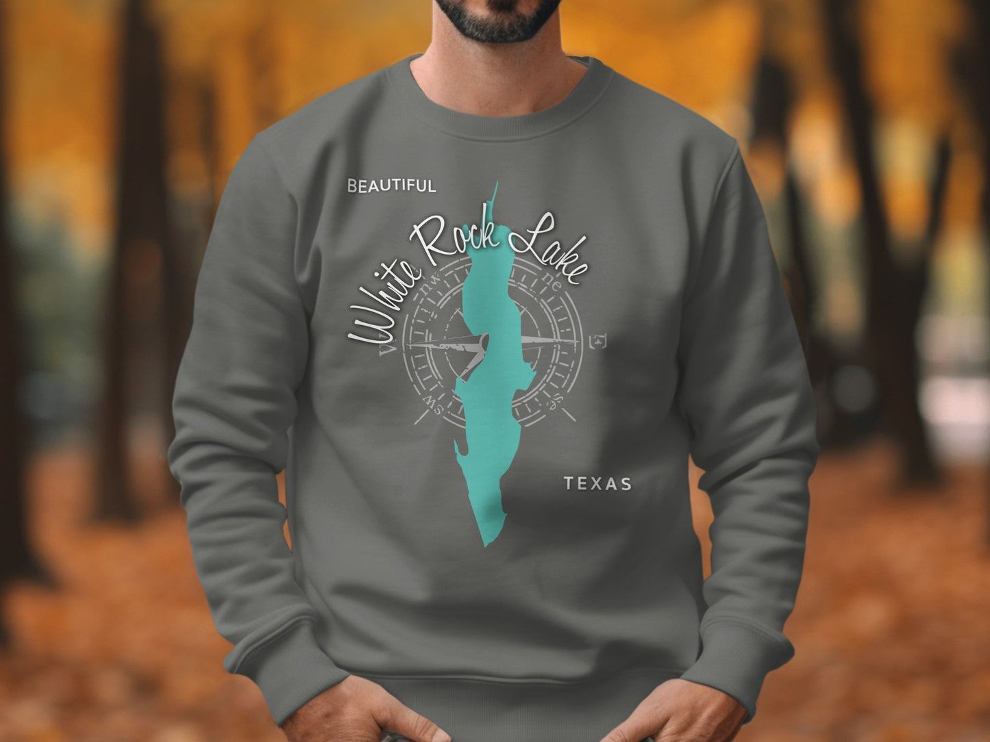Gray sweatshirt with "White Rock Lake Texas" and compass design.