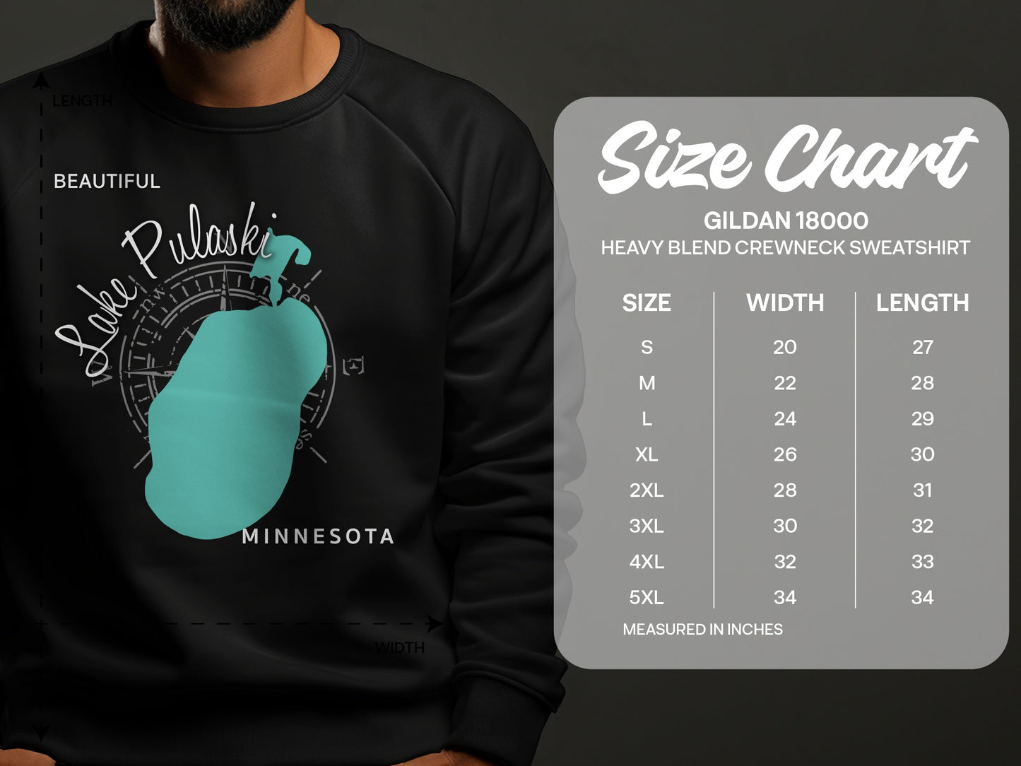 Crewneck sweatshirt size chart with Lake Pulaski, Minnesota graphic.