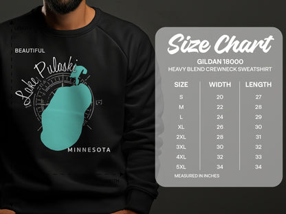 Crewneck sweatshirt size chart with Lake Pulaski, Minnesota graphic.