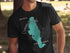 Black t-shirt with a teal map of Conneaut Lake, Pennsylvania.
