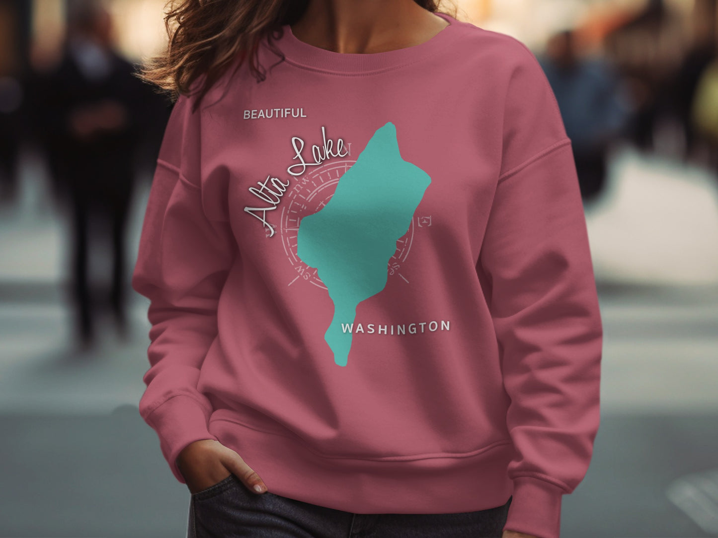 Crewneck sweatshirt featuring a teal map of Alta Lake, Washington.
