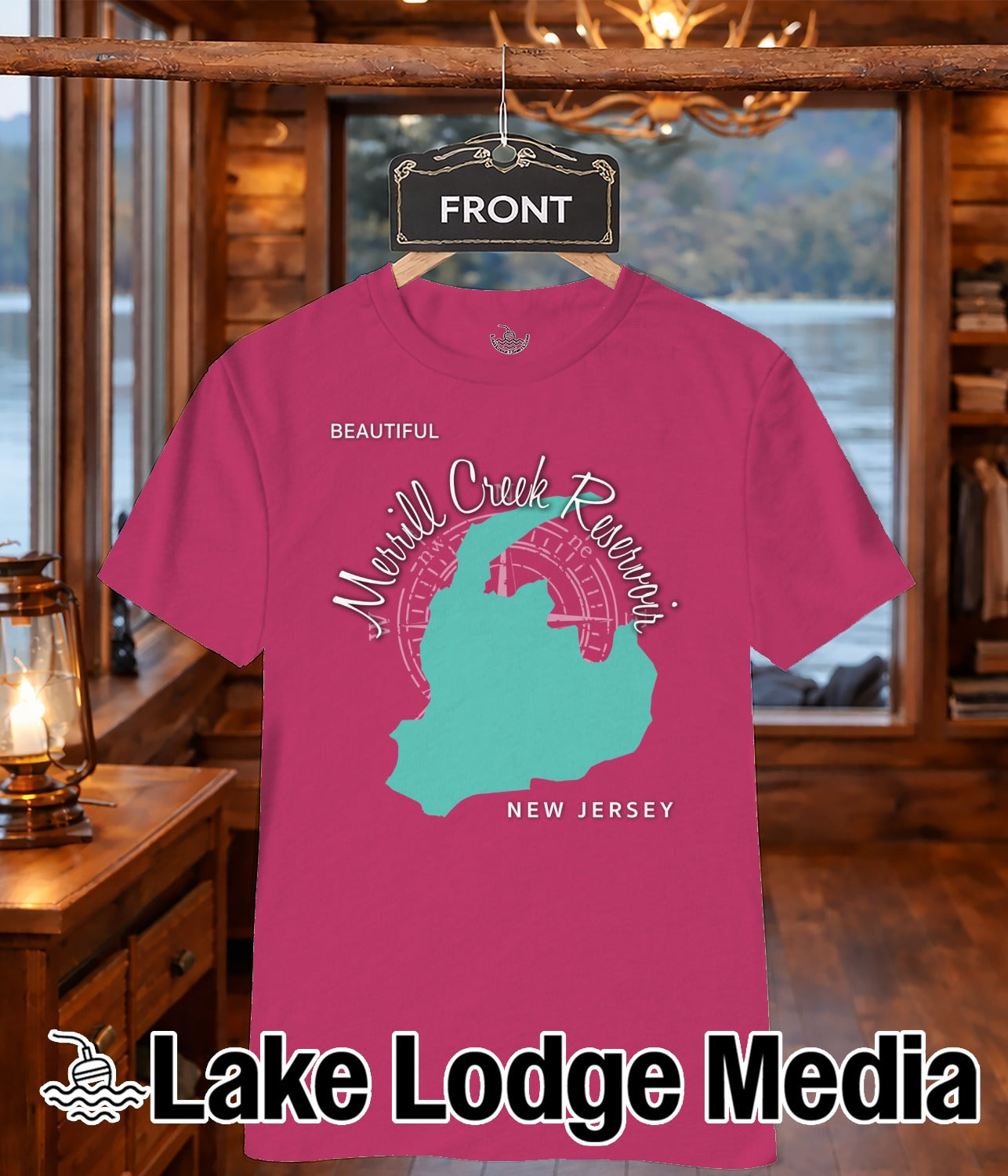 Pink t-shirt with "Merrill Creek Reservoir" and map design, "Lake Lodge Media" logo.