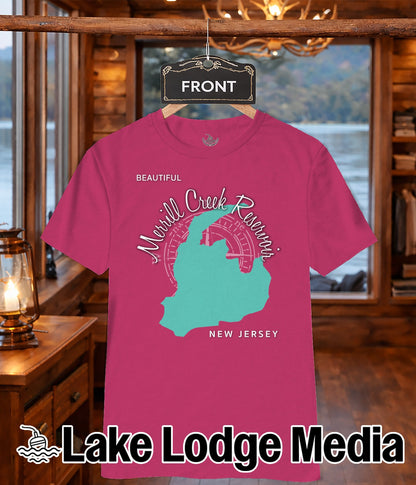 Pink t-shirt with "Merrill Creek Reservoir" and map design, "Lake Lodge Media" logo.