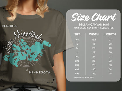 T-shirt with Lake Minnetonka map graphic and size chart.