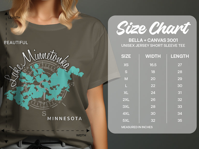 T-shirt with Lake Minnetonka map graphic and size chart.