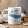 White mug with "Oneida Lake New York" text and blue lake silhouette.
