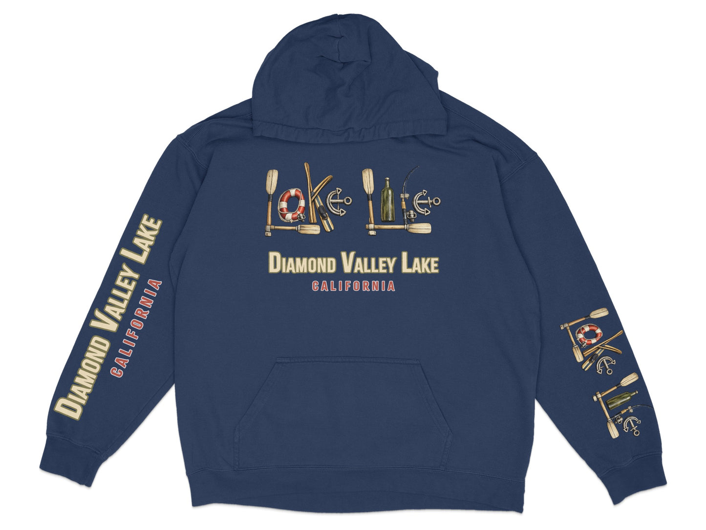 Navy hoodie with Diamond Valley Lake California graphics on front and sleeves.