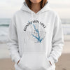White hoodie with Randleman Lake North Carolina map and compass design.