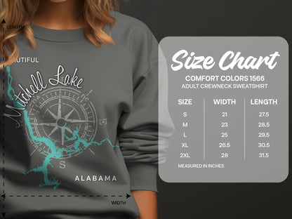 Crewneck sweatshirt size chart for Mitchell Lake Alabama graphic.