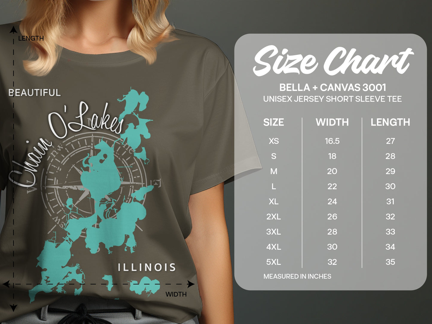 T-shirt with lake map and size chart for Bella+Canvas 3001 UNISEX JERSEY SHORT SLEEVE TEE.