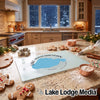 Glass cutting board featuring a blue Lake Pontchartrain map design, resting on a holiday kitchen counter.