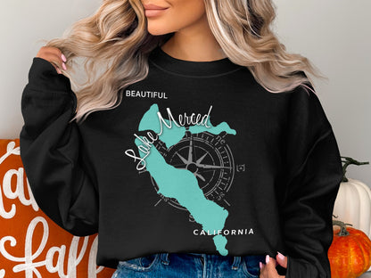 Black sweatshirt with Lake Merced California map and compass graphic.