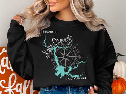 Black sweatshirt with Lake Oroville California compass design.