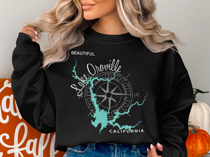 Black sweatshirt with Lake Oroville California compass design.