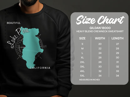 Crewneck sweatshirt with Lake Piru map and size chart.