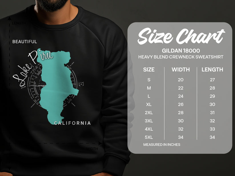 Crewneck sweatshirt with Lake Piru map and size chart.