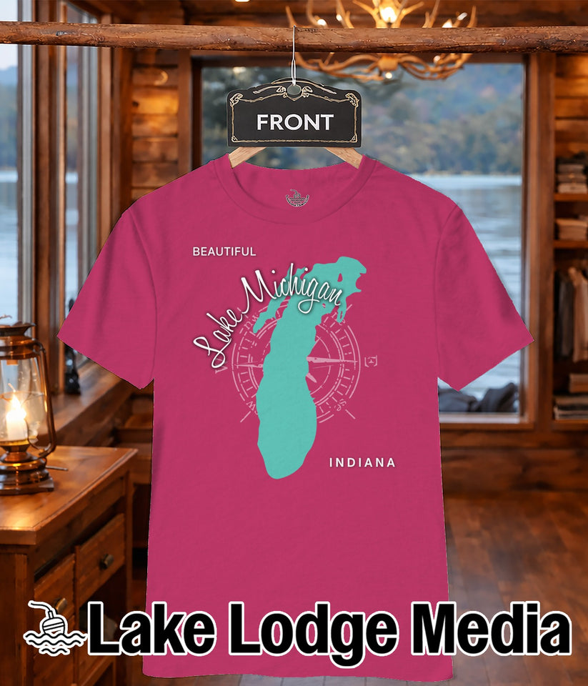 Pink t-shirt with Lake Michigan map and compass graphic.