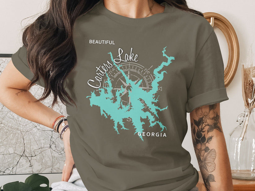 T-shirt with Carters Lake Georgia map and compass design.