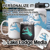 Mug, tumbler, and water bottle with Lake Tawakoni graphic and personalization text.