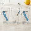 Three clear glasses with Pavlas Lake Wisconsin map and compass design.
