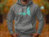 Grey hoodie with a turquoise Lake Gregory California graphic and compass design.