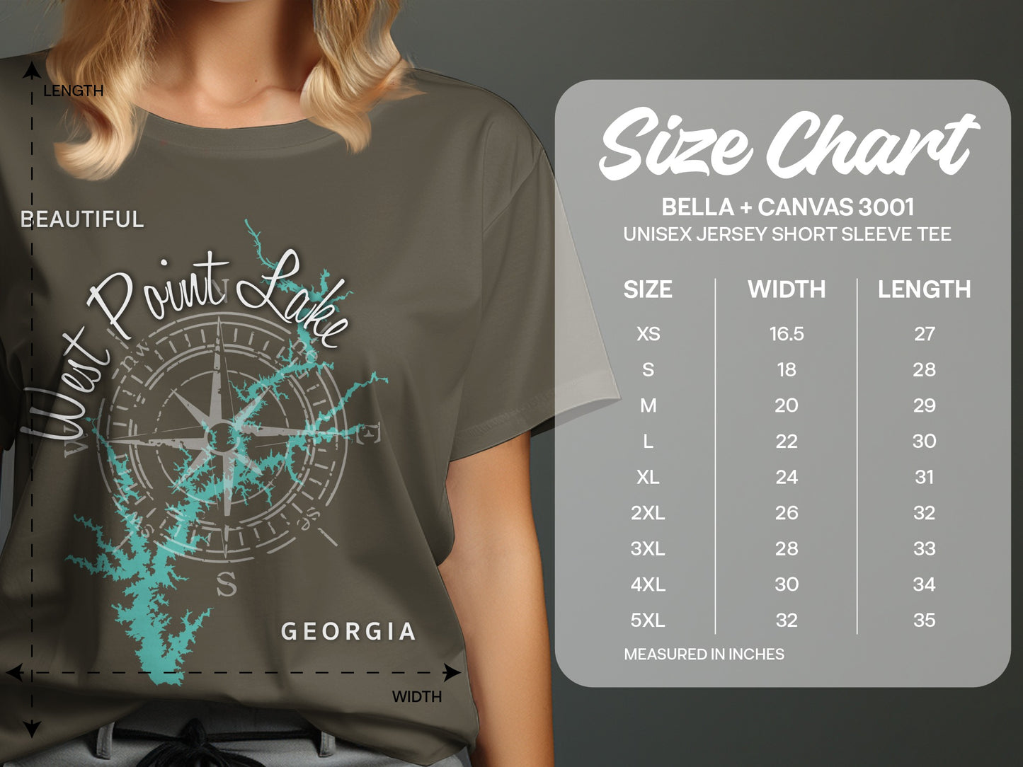 Size chart for Bella+Canvas 3001 unisex short-sleeve t-shirt.