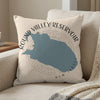 Cream pillow with Round Valley Reservoir map and text, New Jersey.