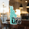 Turquoise outline sticker with "Wanahoo Life" text on glass.