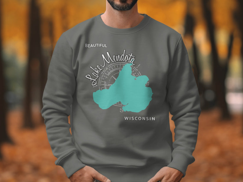 Sweatshirt with Lake Mendota map and compass graphic.