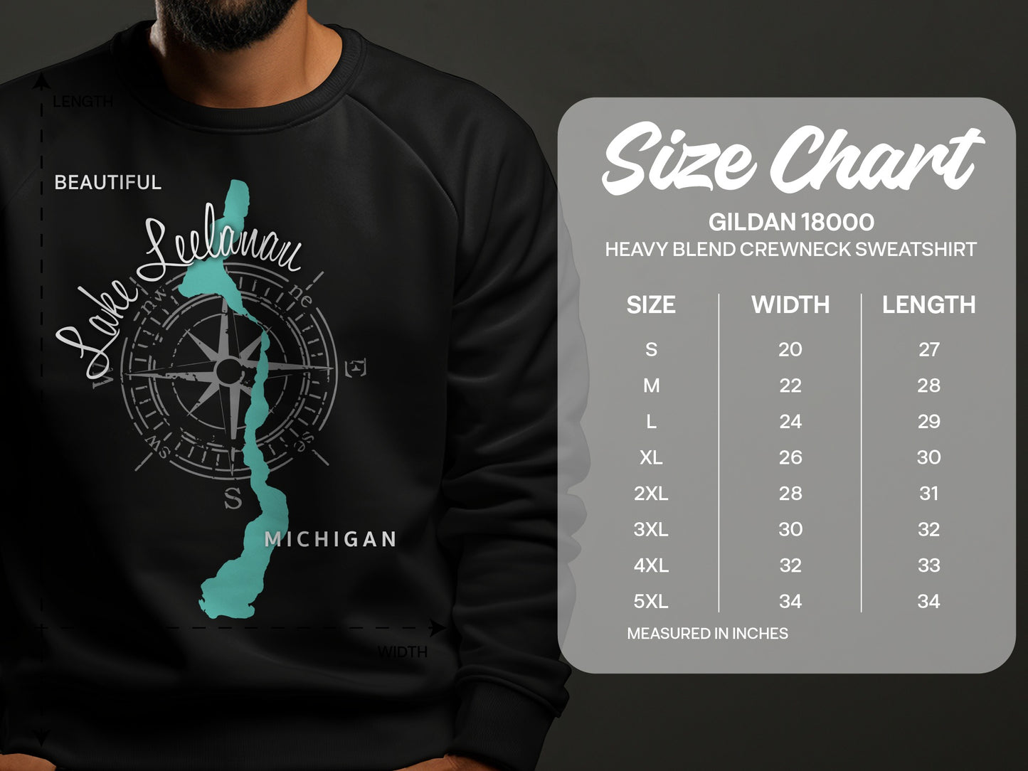 Crewneck sweatshirt with Leelanau map graphic and size chart.