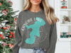 Grey sweatshirt with turquoise Canobie Lake map graphic and compass.